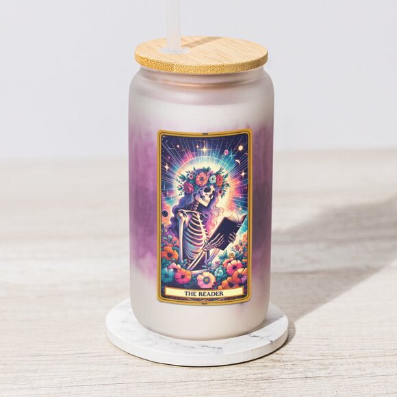 The Reader Tarot Card Tumbler, Gothic Floral Skeleton Cup, Cute Bookish Gift - Picture 4 of 6